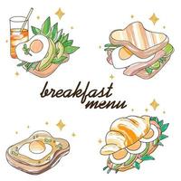 frukost uppsättning med ägg, måla slag, frukost meny, färgrik klotter vektor