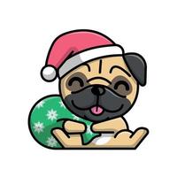 ein süßer mops trägt eine weihnachtsmütze und trägt eine geschenktüte vektor