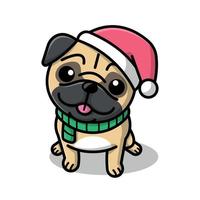 ein niedlicher pug-hund trägt eine weihnachtsmütze und eine schal-karikaturillustration vektor