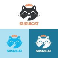 süße katze mit einem sushi auf seinem flachen logo-set auf dem kopf vektor