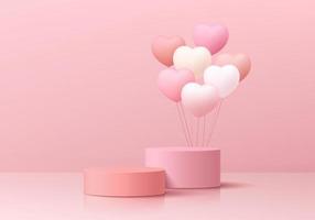 valentine 3d bakgrund med realistisk rosa cylinder piedestal podium, flytande ballong hjärtan form. pastell minimal vägg scen attrapp produkt visa. abstrakt geometrisk formulär. runda skede monter. vektor