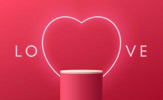 valentine 3d bakgrund med realistisk rosa, röd cylinder stå podium, neon hjärta form och kärlek text scen. minimal vägg scen attrapp produkt visa. abstrakt geometrisk formulär. runda skede monter. vektor