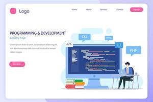 programmerare på arbete begrepp, människor arbete på tabell använder sig av bärbara datorer programmering och kodning, programmering språk. css, html, php, ui. platt vektor mall stil lämplig för webb landning sidor.