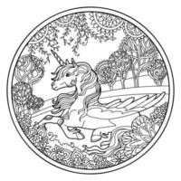 pegasus i blommor runda färg vektor illustration