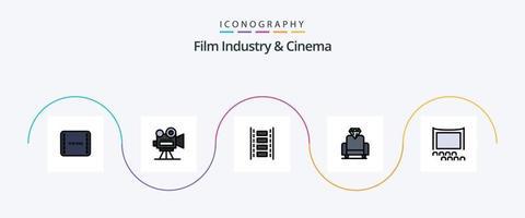 Cenima-Linie gefülltes flaches 5-Icon-Paket einschließlich Menschenmenge. Publikum. Animation. Medien. Kino vektor