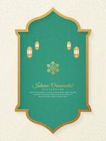 islamischer dekorativer arabischer weißer und grüner hintergrund mit geometrischem muster und laternen vektor