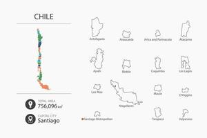 Karte von Chile mit detaillierter Landkarte. Kartenelemente von Städten, Gesamtgebieten und Hauptstadt. vektor