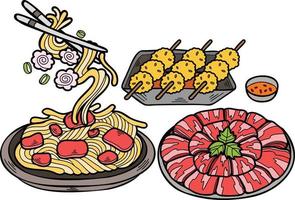 hand dragen spaghetti och köttbullar kinesisk och japansk mat illustration vektor