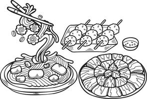 hand dragen spaghetti och köttbullar kinesisk och japansk mat illustration vektor