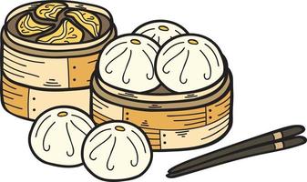 hand gezeichnetes gedämpftes brötchen mit chinesischer und japanischer lebensmittelillustration des bambustabletts vektor