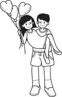 hand dragen man och kvinna innehav hjärta formad ballonger illustration vektor