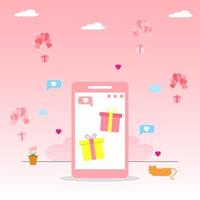 Abbildung rosa bunte Geschenkbox am Smartphone-Bildschirm Valentinstag Konzept, Liebhaber sozialer Medien im Handy vektor