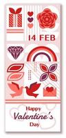 Happy Valentine's Day vertikales Banner. Vektordesign für Firmengrußkarten, kreatives Liebeskonzept, Geschenkgutschein, Einladung. herz, geschenk, rose, regenbogen, edelstein, taube, kopierraum. vektor