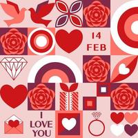 valentinstag nahtloser hintergrund mit taube, rose, regenbogen, diamant, herz, geschenk, ring, abstrakten geometrischen formen. Vektormuster für soziale Medien, Website, Poster, Coupons, Werbedrucke. vektor