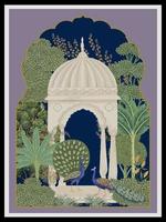 traditionelles Mughal-Motiv, Rahmen, Bogen, Pfau, Blume, tropischer Baum. Mughal-Wandkunst zum ausdrucken, Wohnzimmerdekor-Vektorillustration. vektor