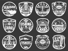 Fischerboote, Fisch und Meeresfrüchte, Netze und Haken vektor