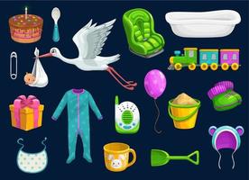 Symbole für Babyartikel. Spielzeug, Tasse, Löffel, Lätzchen und Storch vektor