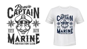 nautisk t-shirt skriva ut, marin klubb kapten i hatt vektor