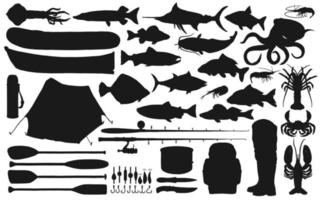 fiske Utrustning och tackla med fisk silhuetter vektor