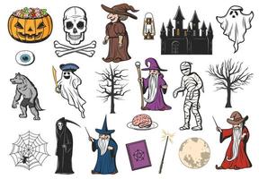 Halloween-Geister-, Hexen-, Mumien- und Kürbissymbole vektor