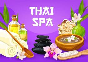 Thai-Massage-Spa-Öl und -Steine, Handtücher und Schwamm vektor