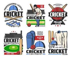 Cricket-Sportball, Fledermaus, Stadion und Spielersymbole vektor