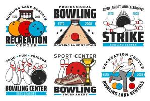 Bowling-Sportspiel-Symbole mit Bällen und Pin-Streik vektor