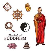 buddhistischer mönch und heilige symbole der buddhistischen religion vektor