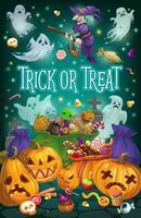 Halloween-Hexe, Geister und Kürbisse mit Süßigkeiten vektor