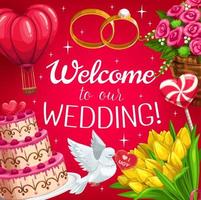 Hochzeitstorte, rote Herzen, Braut- und Bräutigamringe vektor