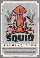 bläckfisk calamary retro affisch, fiske klubb vektor
