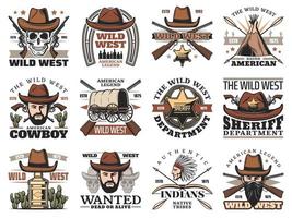 Cowboy- und Western-Sheriff-Schädel. Wildwest-Symbole vektor