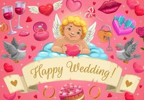 bröllop ringar, cupid och kärlek hjärtan på moln vektor