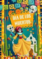 tag der toten catrina calavera frau und papierfahnen vektor