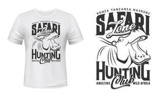 Hunter Club T-Shirt-Aufdruck, afrikanisches Safari-Nilpferd vektor