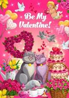 Valentinstagsgeschenke, Liebesherzen und Katzenpaare vektor