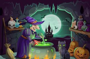 halloween-hexe mit trank und kessel vektor