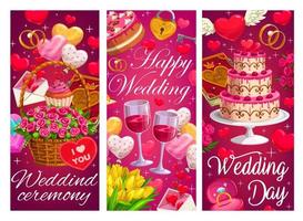 bröllop, äktenskap ceremoni vektor tecknad serie banderoller