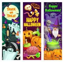 Halloween-Kürbisse, Geister, Mumie und Zauberer vektor