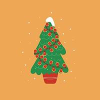 jul träd med lysande röd krans under snöfall isolerat på orange bakgrund. träd i en pott. vektor platt illustration i en enkel stil