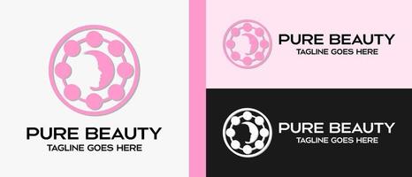 Schönheitssalon-Logo-Designvorlage, weibliches Gesichtssymbol und rotierende Punkte im rosa Kreis. Vektor-Illustration vektor
