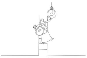 zeichnung der muslimischen geschäftsfrau leiterin klettert die leiter hinauf, um die glühbirnenidee zu ändern. Wechsel zu neuen Innovationen. Einzeiliger Kunststil vektor