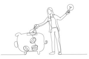 Illustration einer Geschäftsfrau, die eine Glühbirne in ein Sparschwein steckt Konzept einer guten Geschäftsidee. einzelne fortlaufende Strichzeichnungen vektor