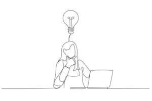 tecknad serie av affärskvinna tänkande handla om projekt på arbetsplats omtänksam. enda linje konst stil vektor