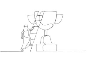 karikatur eines arabischen geschäftsmannes, der eine erfolgsleiter baut, die an die spitze des meisterpokals klettert. Kunststil mit einer durchgehenden Linie vektor