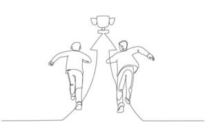 karikatur eines motivierten geschäftsmannes, der auf einem pfeil läuft, der die richtung zur trophäe zum erfolg zeigt. Einzeiliger Kunststil vektor