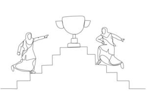 karikatur einer muslimischen geschäftsfrau, die die treppe hinaufgeht, um die trophäe über die konkurrenz zu gewinnen. Kunststil mit durchgehender Linie vektor
