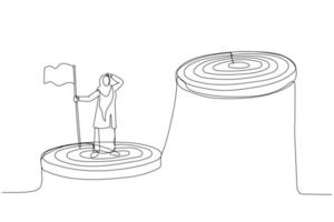 illustration einer muslimischen geschäftsfrau, die die leiter hinaufklettert, das ziel erreicht und nach dem nächsten größeren schritt sucht. fortlaufende Strichzeichnungen vektor