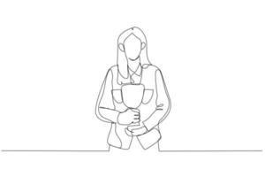 Karikatur einer Geschäftsfrau, die mit einer Trophäe in der Hand steht und sich für den Erfolg beugt. Einzeiliger Kunststil vektor