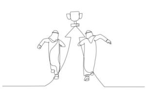 karikatur eines motivierten arabischen geschäftsmannes, der auf einem pfeil läuft, der die richtung zur trophäe zum erfolg zeigt. Einzeiliger Kunststil vektor
